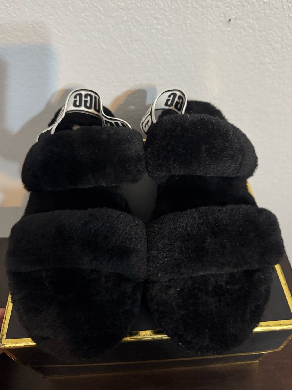 UGG Black Plush  Slide with Branded Heel Strap